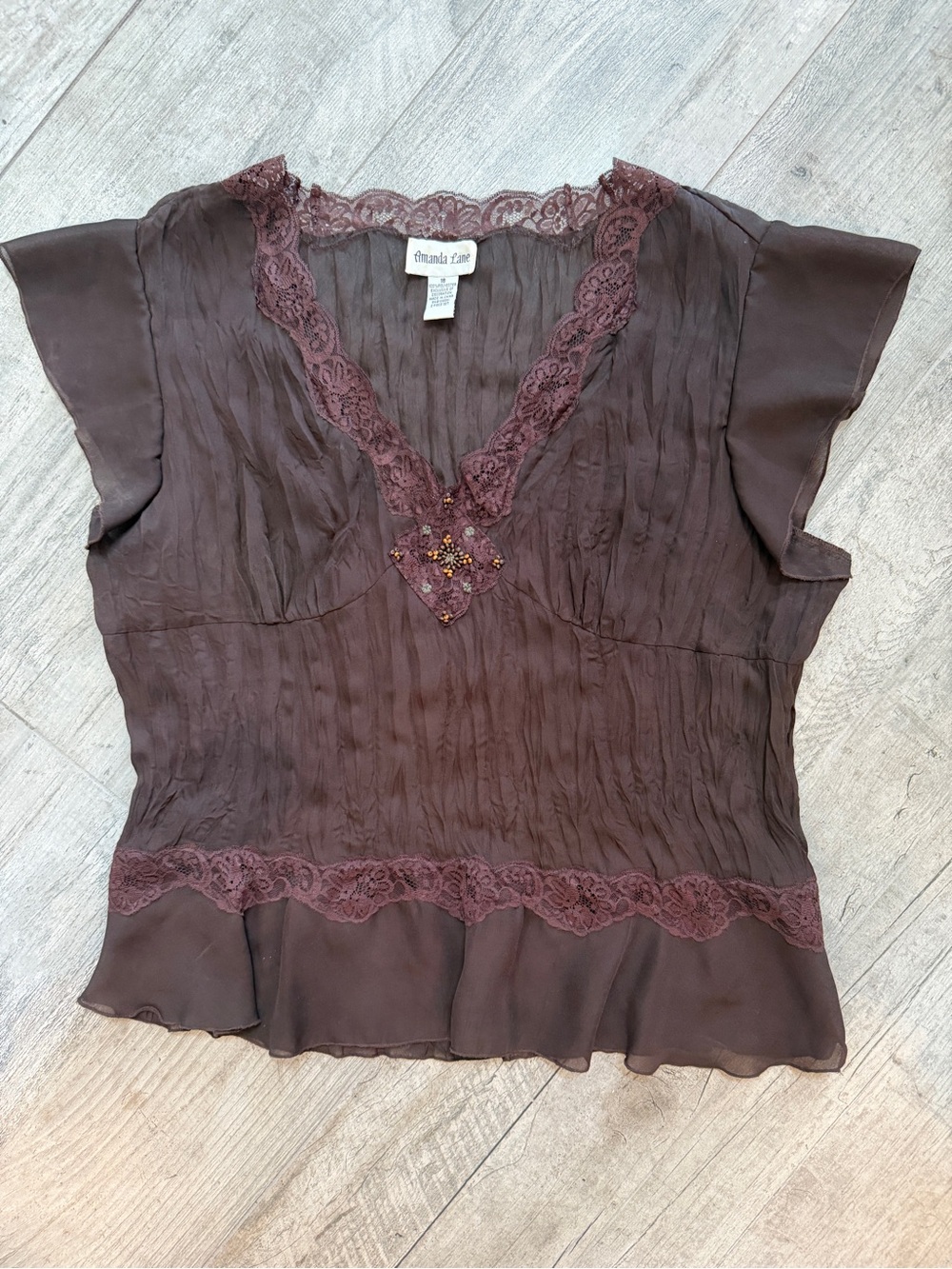 Amanda Lane Vintage Fairy Boho Sheer Chocolate Brown Lace-Trim V-Neck Blouse